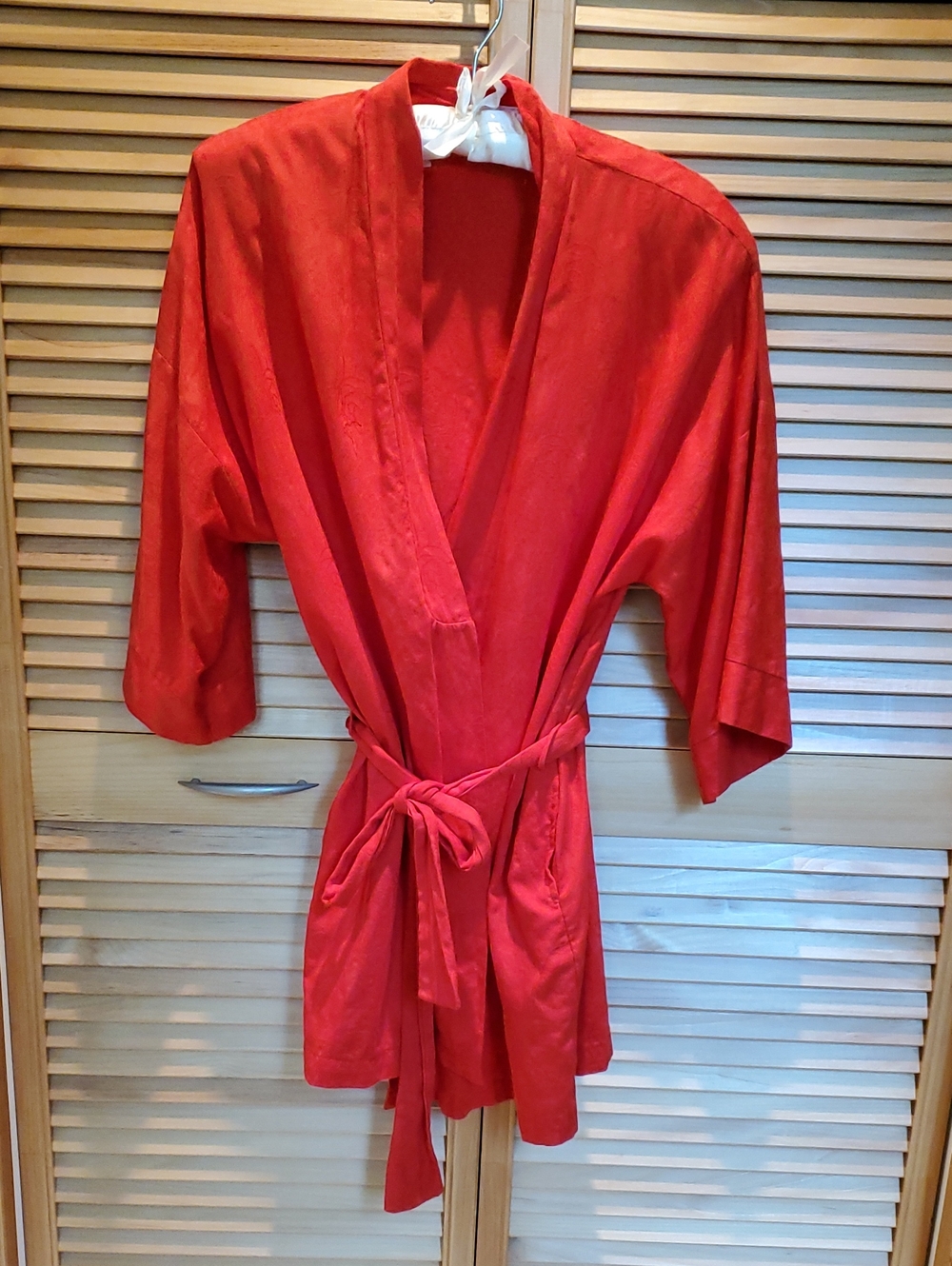 Women's Red Cotton Bricade Kimono Robe with Self Tie Belt